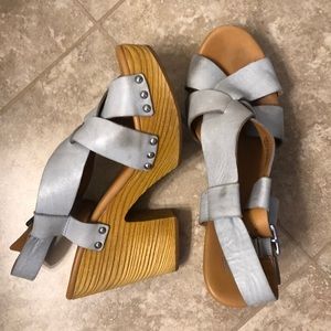 Blue wood platform sandals